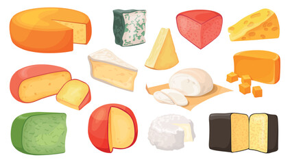 Cartoon cheese types. Italian swiss or goat cheeses type, cheddar mozzarella brie gouda parmesan french curd milk dairy food slices breakfast snack, set neat vector illustration