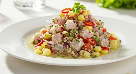 Ceviche Dish on White Plate with Yellow Corn Red Pepper and Cilantro in Daylight