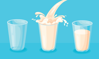 Milk flow in glass. Yogurt pour full or empty cup with milk splash, milkshake cream liquid yoghurt beverage milky shake organic dairy fresh farm product, neat vector illustration