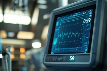 Close-up of a medical monitor displaying vital signs, including a heart rate graph and numerical readings.  Blurred medical room background