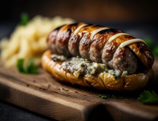 Juicy grilled sausage served in a fresh bun with herbs and garnish, captured in rich lighting. Ideal for showcasing comfort food, German cuisine, or BBQ-themed content.