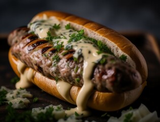 Juicy grilled sausage served in a fresh bun with herbs and garnish, captured in rich lighting. Ideal for showcasing comfort food, German cuisine, or BBQ-themed content.