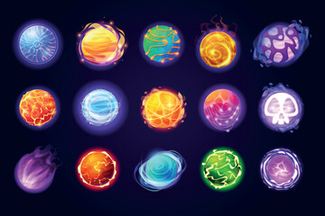 Cartoon magic orbs. Energy balls fantasy 2d game vfx effect, occult orb power glow sphere water fire ball magician mystery globe fireball shiny crystal, swanky vector illustration