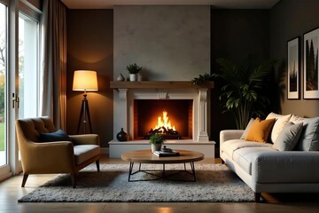 Obraz premium Cozy living room with fireplace, soft lighting, and comfortable furniture , cozy, warm, modern