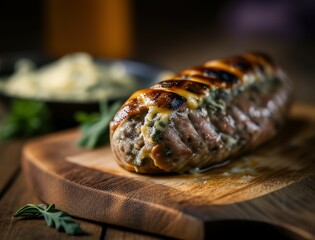 Juicy grilled sausage served in a fresh bun with herbs and garnish, captured in rich lighting. Ideal for showcasing comfort food, German cuisine, or BBQ-themed content.