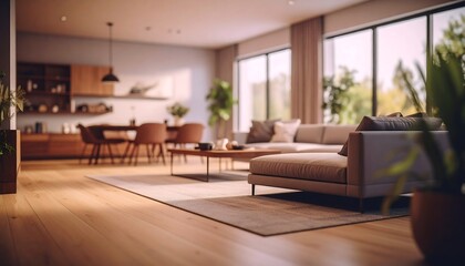 Fototapeta premium Modern Living Room Interior Design Stylish Sectional Sofa and Wooden Floor