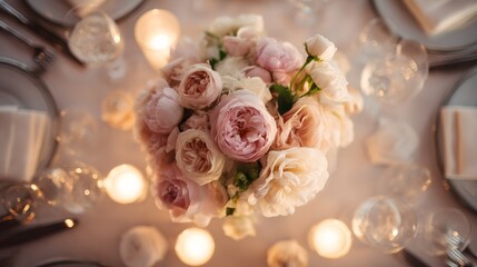 Elegant wedding table with floral centerpiece and fine china, radiating timeless romance and sophistication
