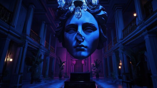 Surreal Neo Classical Mansion Interior with Giant Head Sculpture
