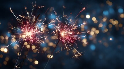 Red and blue sparklers glow with golden embers, soft fireworks in the distance. Celebrating Fourth of July with vibrant lights and vintage charm.
