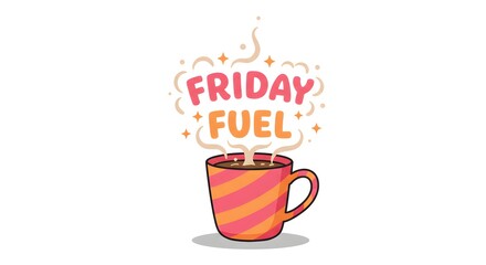 Coffee cup with the words Friday Fuel written above on it and a vibrant vector design for creative projects to refresh a worklife on Friday
