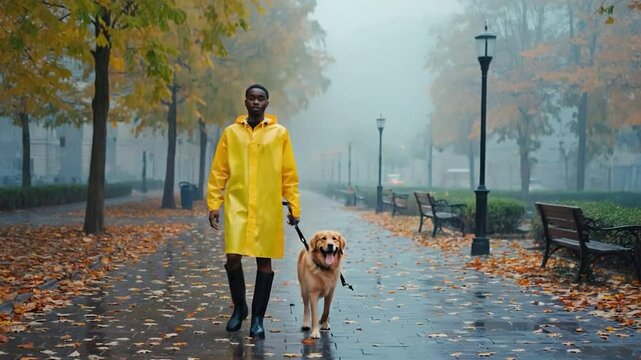 Man and dog walk in autumn rain