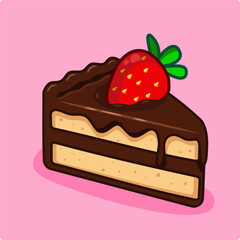 Slice Chocolate Melting Cake with Strawberry Topping Vector Illustration Cartoon Design