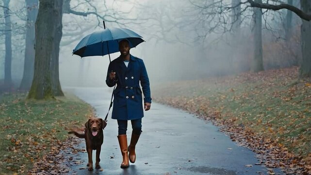Man and dog walking in rainy park