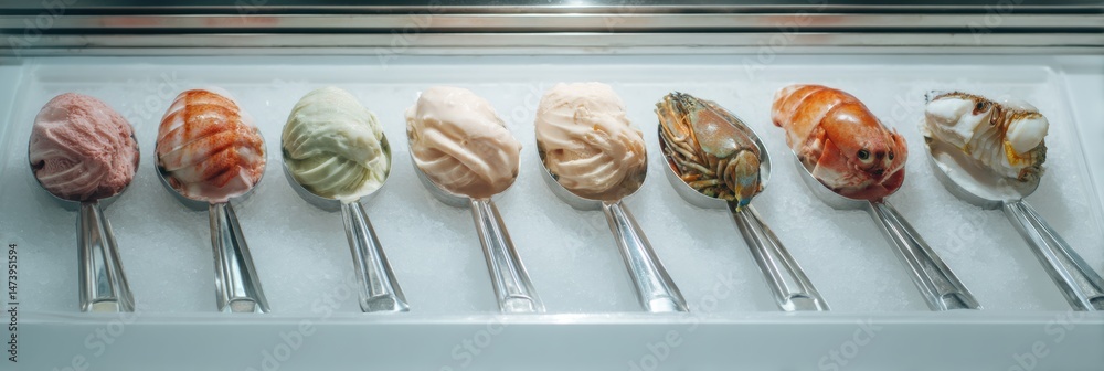 Poster Seafood Display Presented in an Ice Cream Scoop Style With a Clean Background Showcasing Various Seafoods in an Upscale Setting