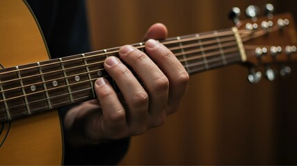 Fototapeta premium Close-up of a guitar in the hands of a musician. Copy space
