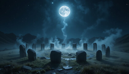 Mystical stone circle illuminated by a full moon in a serene mountainous landscape at night