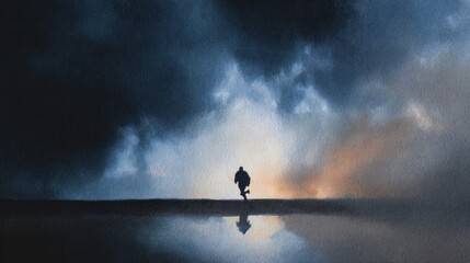 Solitary Figure Running Towards a Dramatic Sunset