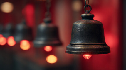 Obraz premium Vintage Hanging Bells with Warm Red Lighting