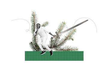 Fototapeta premium Contemporary artwork collage of puzzled american man show shh gesture hold excalibur sword plant branch knight tournament
