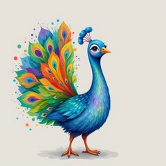 a playful cartoon peacock with a colorful tail showing off watercolor effect white background
