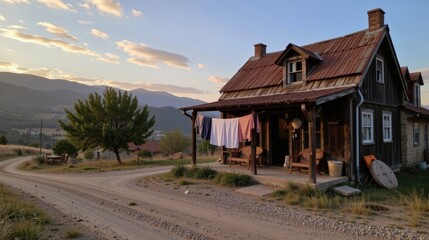 Naklejka premium Laundry hangs peacefully on rustic farmhouse porch as sunlight kisses rural landscape and distant mountains.