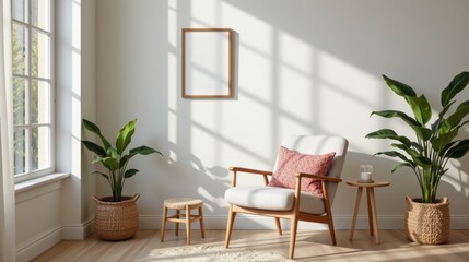 Inviting Nordic design armchair with plush cushion and plants create a cozy living room ambiance indoors.