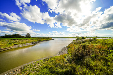 Landscape at the reservoir near Wasserkoog. Nature with a body of water and meadows.
