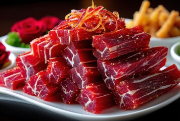Delicately Arranged Gourmet Cured Meat Assortment with Garnishes, Ideal for Culinary Presentations, Parties, and Gastronomic Experiences