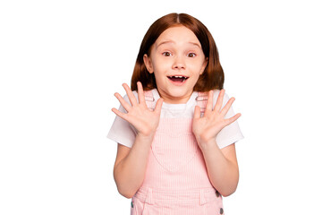 Portrait of impressed kid hear incredible news hands palms isolated over blue background