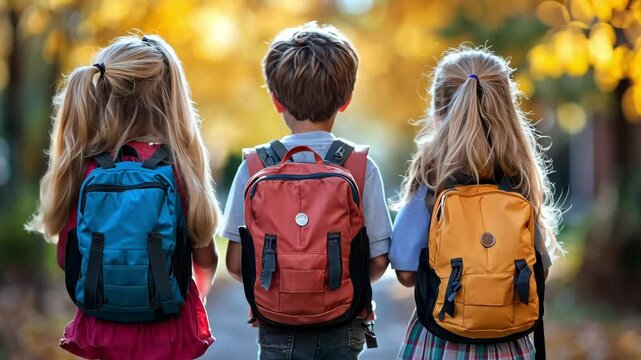 Back to school joy as children walk home with colorful backpacks in autumn