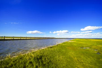 Fototapete Rund Landscape at the reservoir near Wasserkoog. Nature with a body of water and meadows.  © Elly Miller