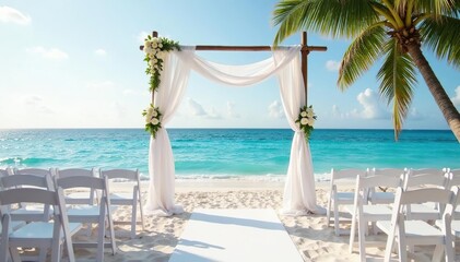 Romantic beach wedding setup, white decor, ocean view , ceremony, chairs