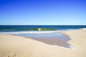 Landscape on the beach between Wenningstedt and Kampen on the Frisian island of Sylt. View of the North Sea and the surrounding nature.
