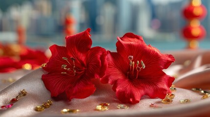 Fototapeta premium Close-up of a red bauhinia brooch on silk, golden light on petals, festive city backdrop - celebrating Hong Kong's establishment day with elegance.