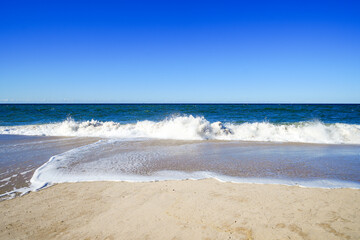 Landscape on the beach between Wenningstedt and Kampen on the Frisian island of Sylt. View of the North Sea and the surrounding nature.
