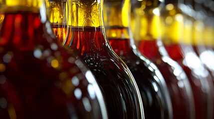 Elegant row of wine bottles with amber and red reflections, a sophisticated still life of refined taste.