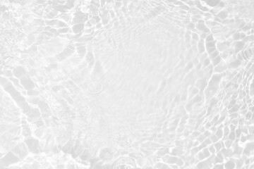 White water with ripples on the surface. Defocus blurred transparent white colored clear calm water surface texture with splashes and bubbles. Water waves with shining pattern texture background.