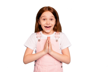 Close up photo of astonished cute kid hands palms together plead expect isolated blue background