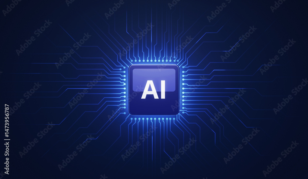 Poster ai technology and digital artificial intelligence with computer tech network innovation and data.