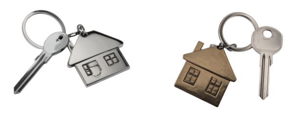 House-shaped keychain with keys, isolated on a transparent PNG background
