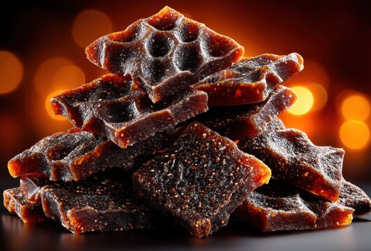 Delicious and Chewy Fruit Leather Pieces Stacked Beautifully with a Warm and Glowing Background for Food Photography