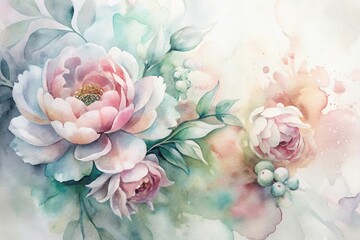 Soft watercolor painting of blooming peonies and delicate leaves in pastel shades, blending seamlessly with a dreamy, artistic background.
