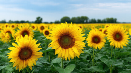 Fototapeta premium A vibrant field of sunflowers stretches to the horizon under a blue sky, creating a beautiful rural landscape on a sunny day with natural summer light.