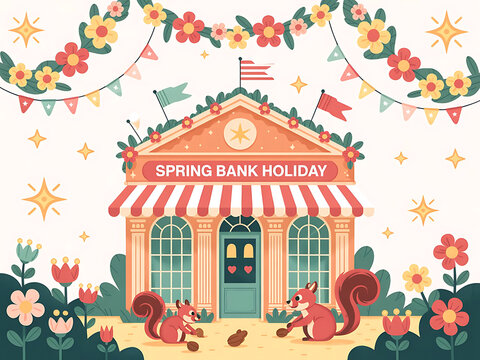 Festive spring bank holiday illustration featuring a building with squirrels and floral decorations