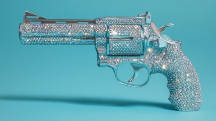 Diamond-Encrusted Revolver on Turquoise Background: A Study in Contrasts