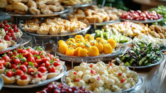 Healthy breakfast buffet setup with bowls of oatmeal, granola, raspberries, and diced peaches, surrounded by fresh fruits and cereals in a hotel dining area, morning nutrition concept