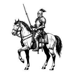 Knight ride horse sketch engraving black and white outline. Scratch board imitation.