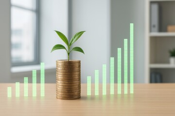 Financial Growth Concept Plant Growing from Coins Stacked High Rising Bar Graph Green Investment Success Business Prosperity Wealth Development Sustainable Economy  Money Saving Plan Future Secure    