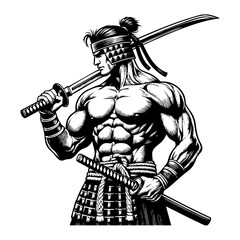 Obraz premium warrior holding sword sketch engraving black and white outline. Scratch board imitation. illustrated in vintage line art style on a white background.