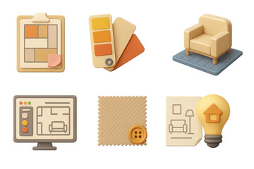 Home interior design 3d icons set – decor, style, and furniture visuals